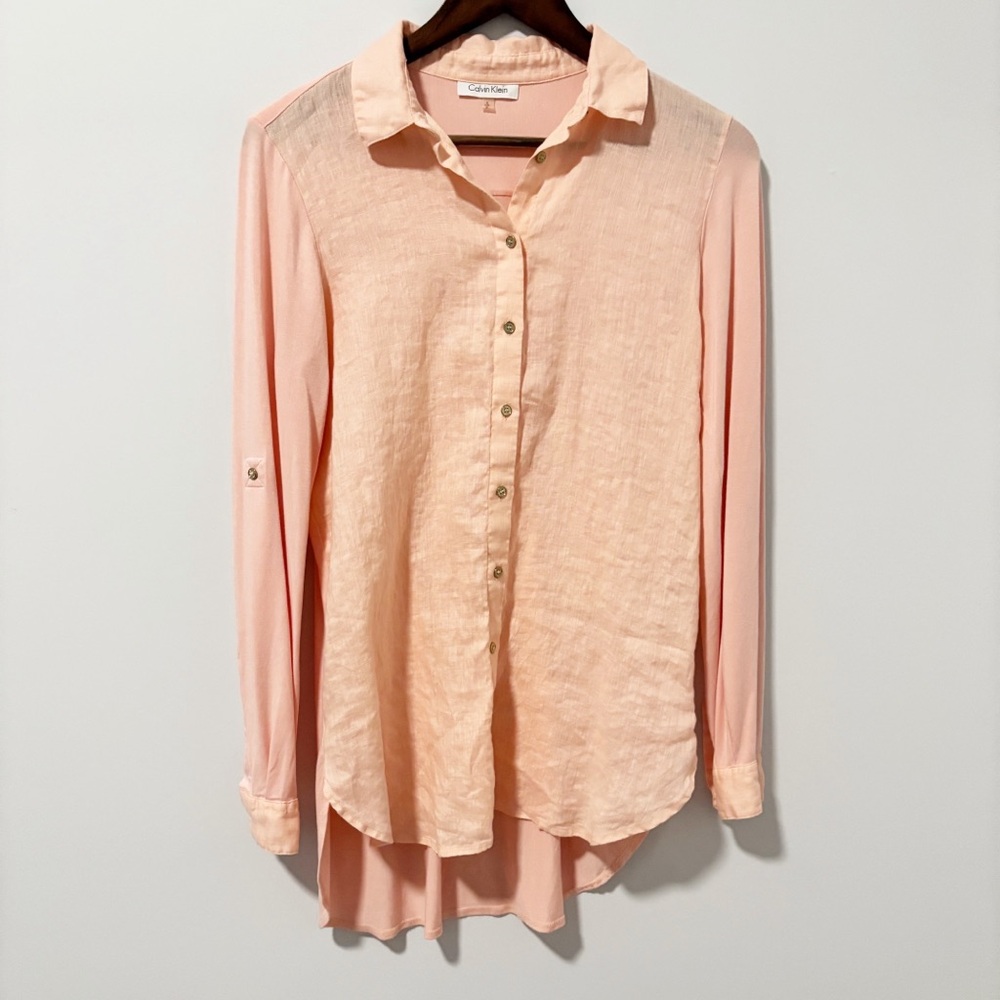 Calvin Klein Linen Blend Button-Up‎ Blouse Womens Size Small Peach Roll Sleeve